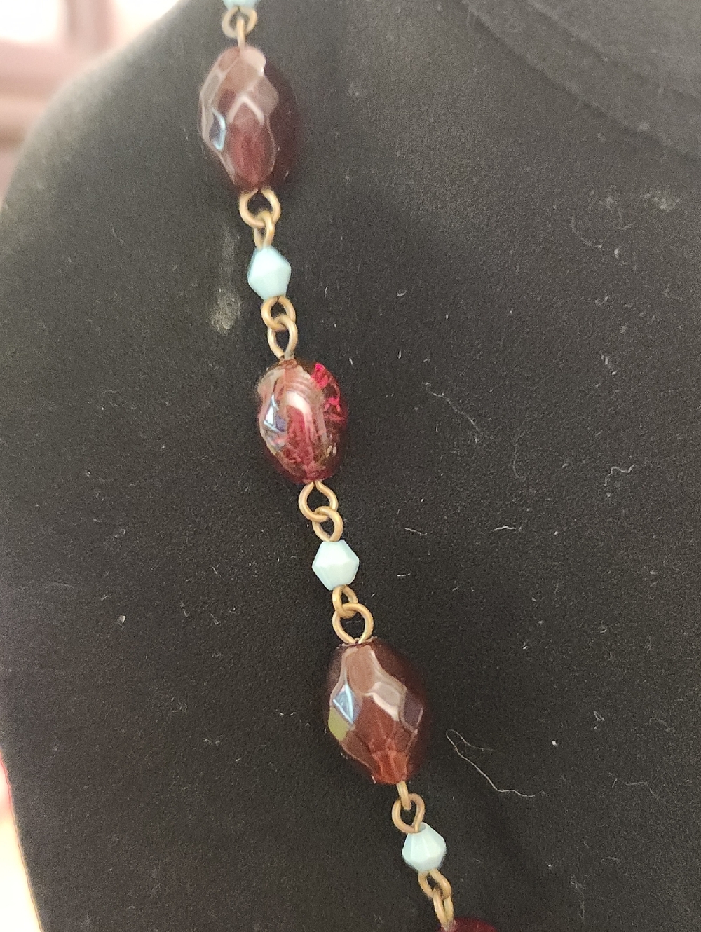 Vintage-Inspired Garnet Red and Turquoise Glass Bead Necklace - Picture 2 of 6